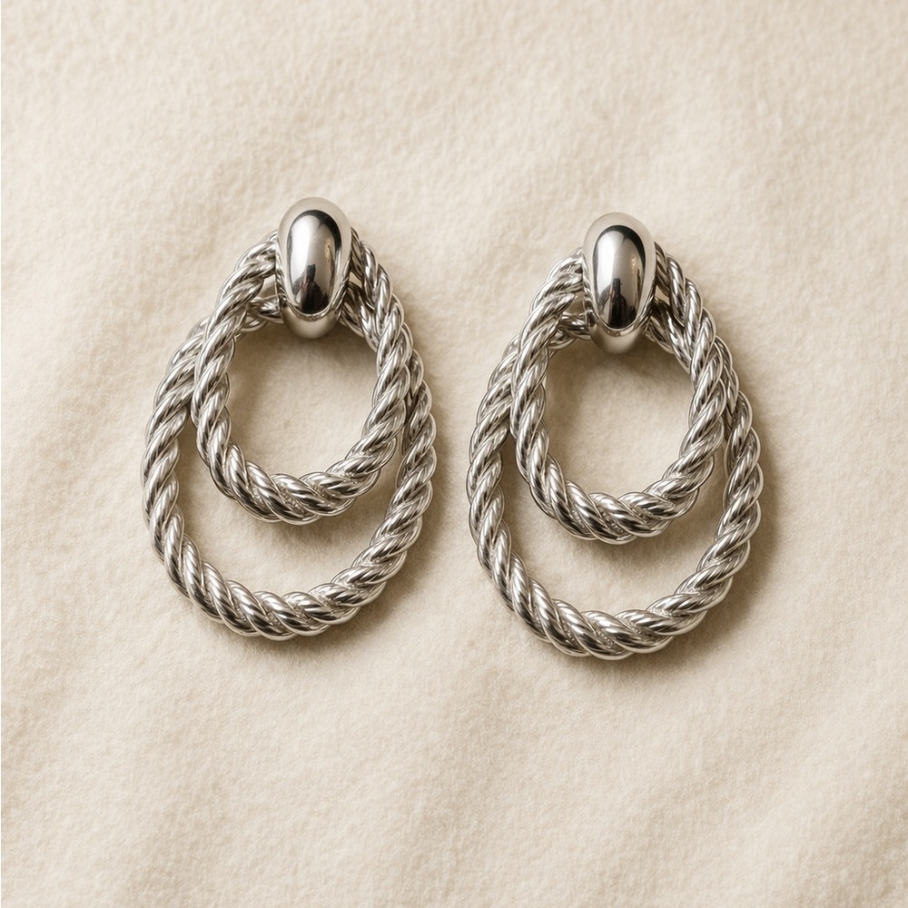 Silver Tone Twisted Rope Double Hoop Costume Earrings - Women Jewelry